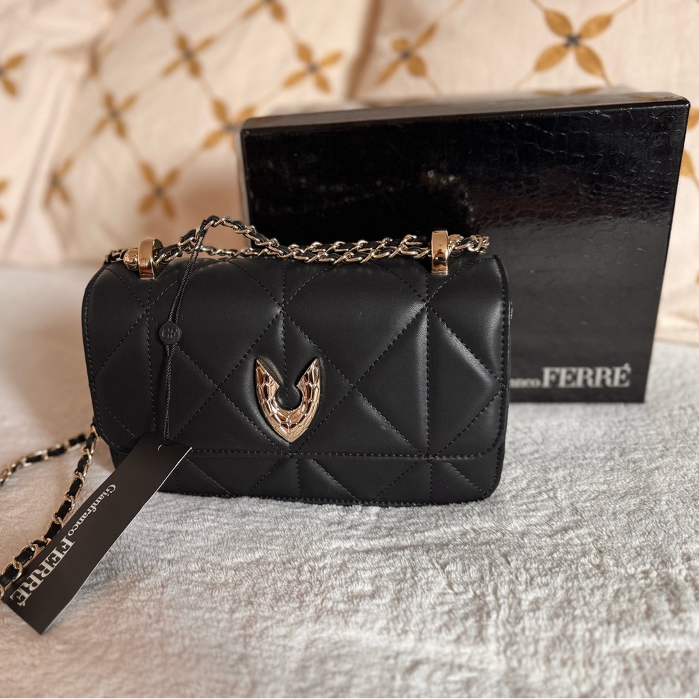 Gianfranco Ferre Black and Gold Quilted Shoulder Bag with Chain Strap